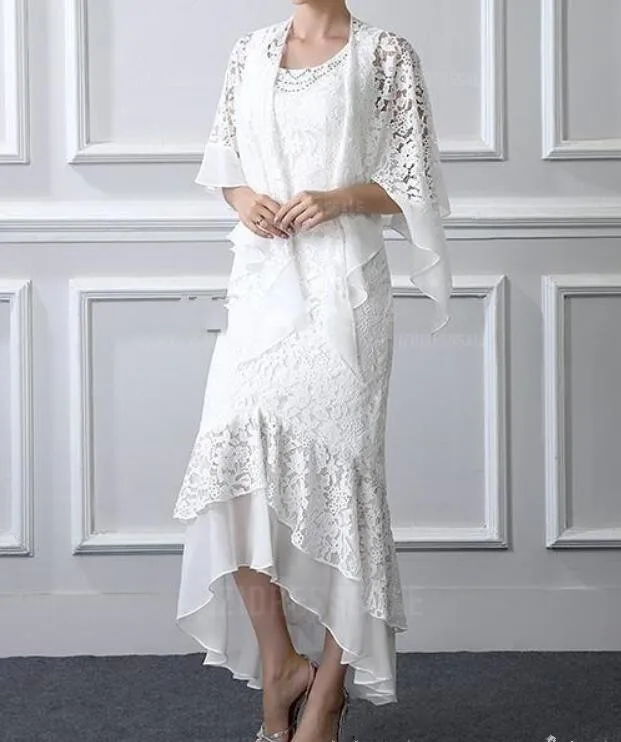 

White Lace Mother of the Bride Dresses Matched Wraps 2019 New Hot Selling Elegant High Low Sheath Mother of Bride Groom Dresses