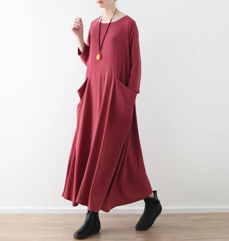 Plus Size Women Solid Black Red Dress Pockets Autumn New Casual Cotton Linen Loose O-Neck Vintage Long Sleeve Maxi Dress