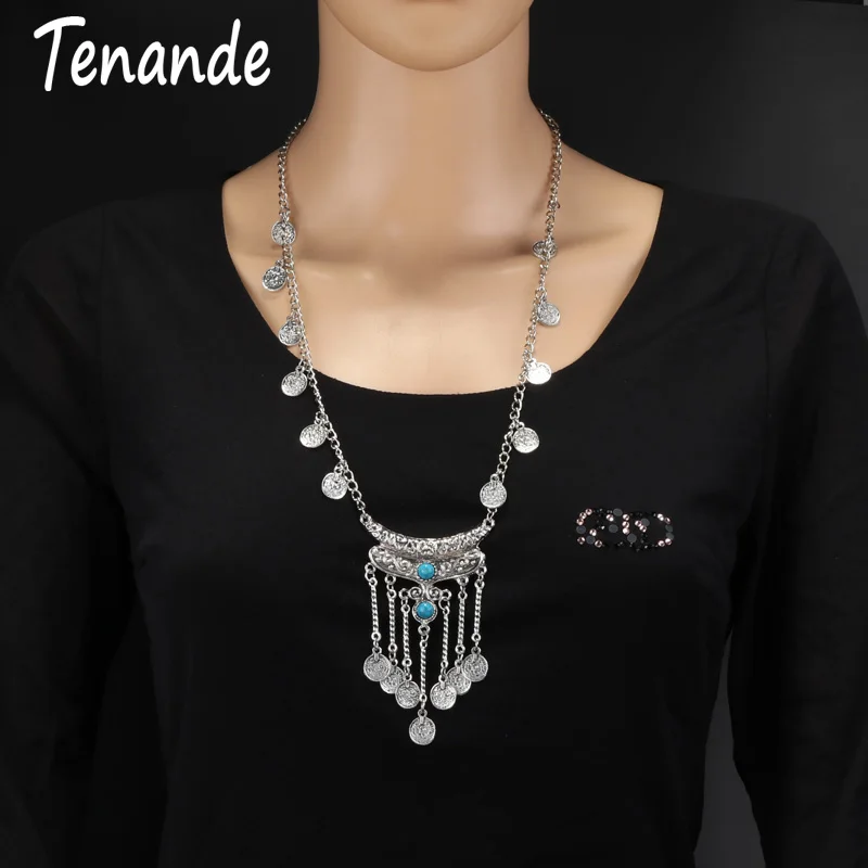 

Tenande Punk Big Statement Natural Stone Beads Coin Chain Tassel Necklaces & Pendants for Women Silver Color Tribal Jewelry Gift