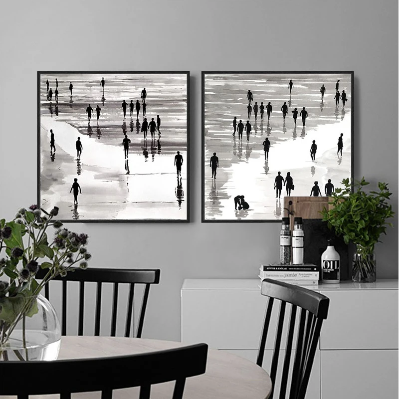

Modern Painting Nordic Decorations Black And White Poster Photo Print Canvas Wall Art People Silhouettes beach landscape