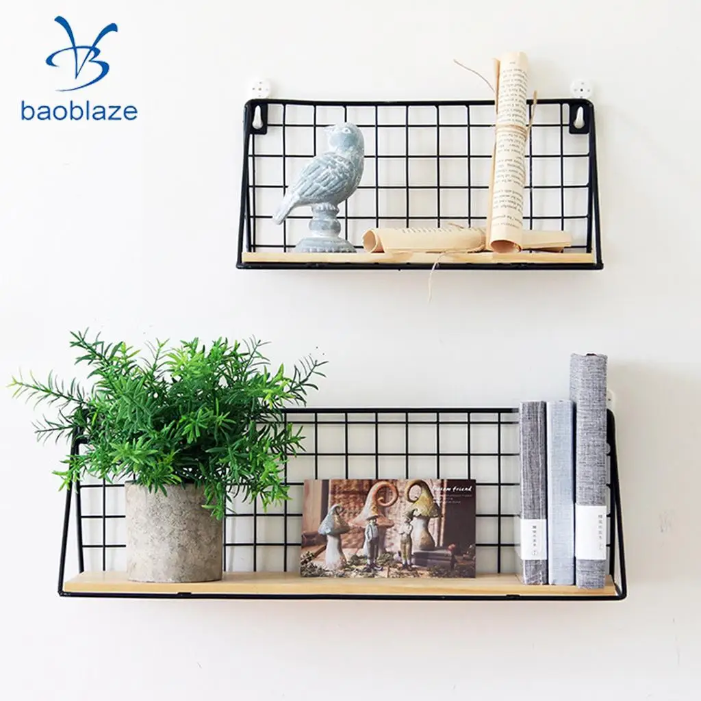 Iron Wall Hanging Storage Organizer with Pine Wood Board Plants Holder for Bedroom, Living Room, Bathroom, Kitchen, Office