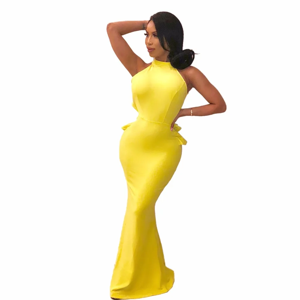 

Joiekuno Solid Halter Party Backless Vestidos Lady Summer Verano 2019 Bodycon Sexy Frill Long dress Women OS3220