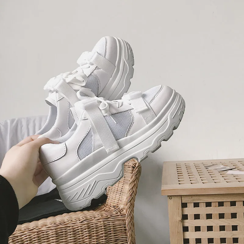 

Leather Mesh Women's Platform Chunky Sneakers 2019 Fashion Buckle Women Flat Thick Sole Shoes Woman 35--39