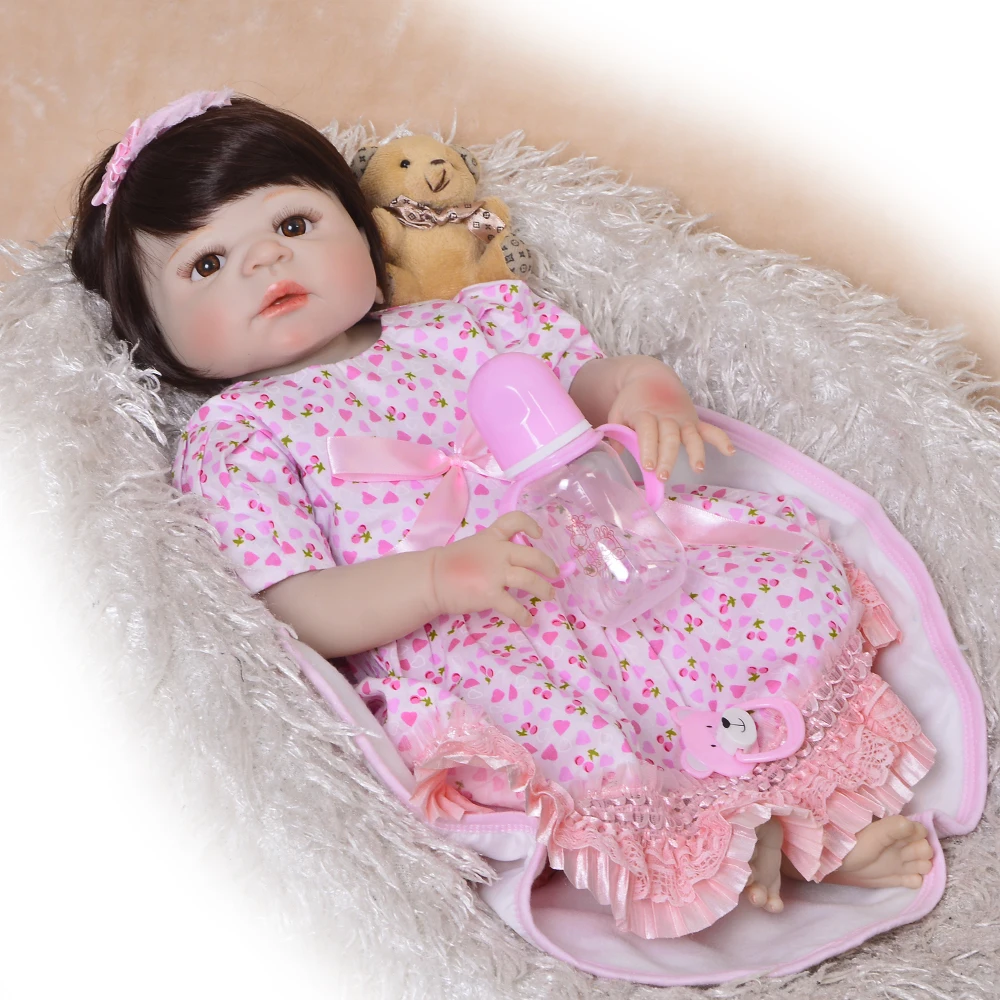 

Lifesize 23'"Reborn Doll Full Silicone Body Brown Hair Reborn Dolls Lifelike Kids Playmates Baby Toys Girl Christmas Gifts