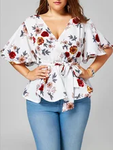 Floral Plus Size Belted Surplice Peplum Blouse Women Tops V-neck Cusual Clothes 3XL 4XL 5XL surplice neck mixed media dress
