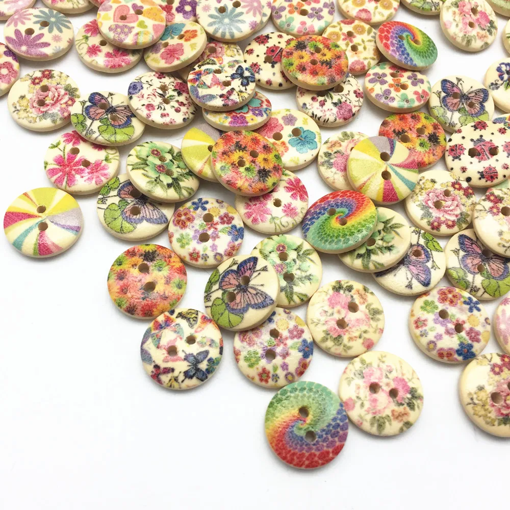 40Pcs Mixed Wood Wooden Flower Two Holes Buttons Scrapbooking Sewing 15mm