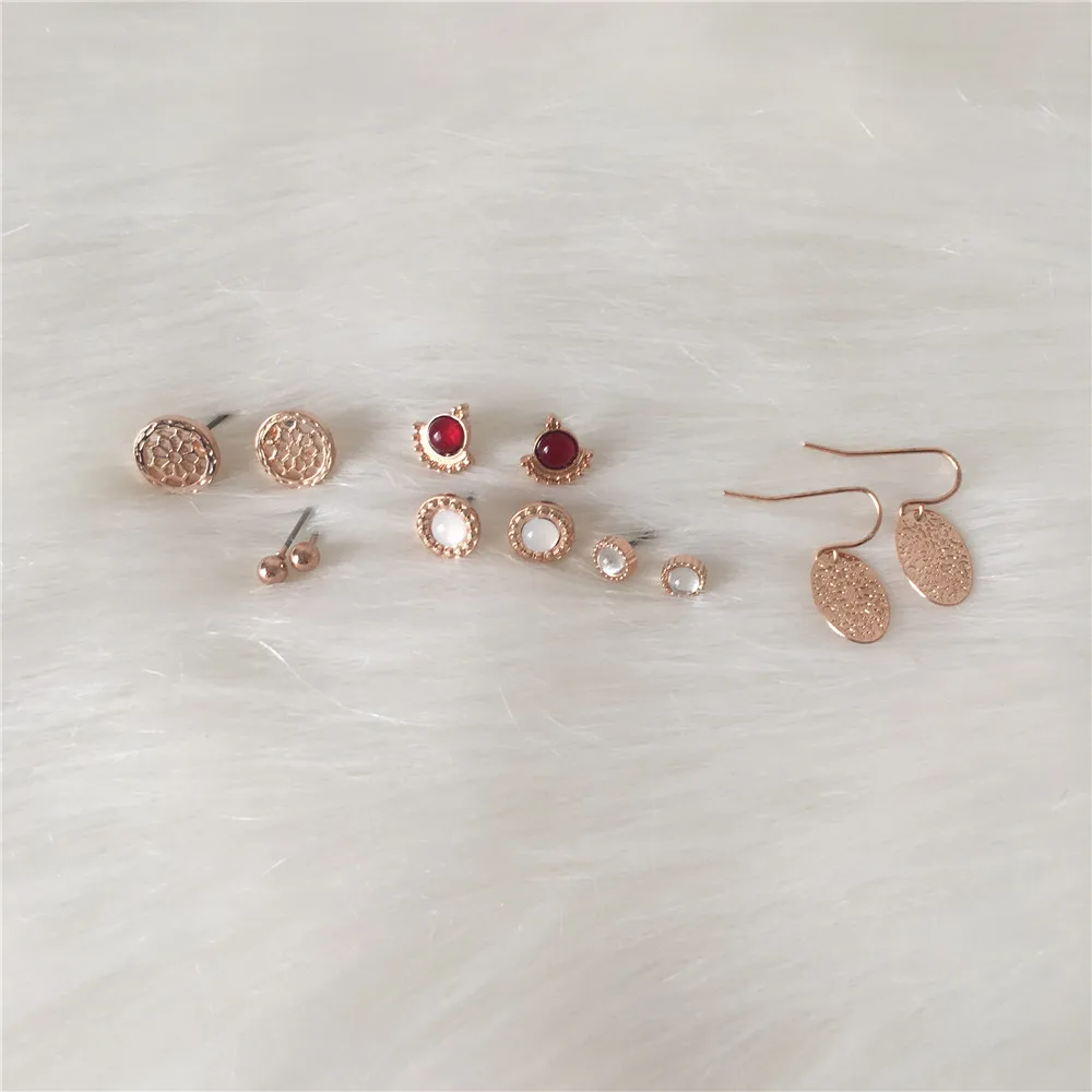 

CHIC EARRINGS SET ROSE GOLD COLOR PLATING RED STONE FILIGREE STONE 6 PAIR EARRINGS SET FOR WOMEN GIRL