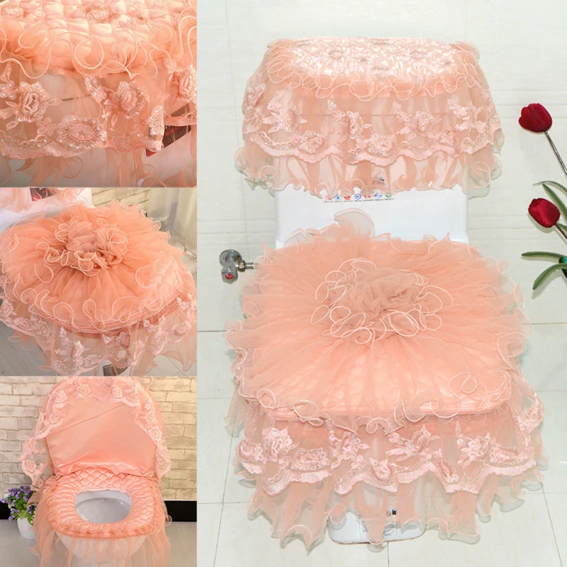 Elegant 3pcs Lace Designed Cloth Toilet Cover Home Bedroom Rug Tank Lid