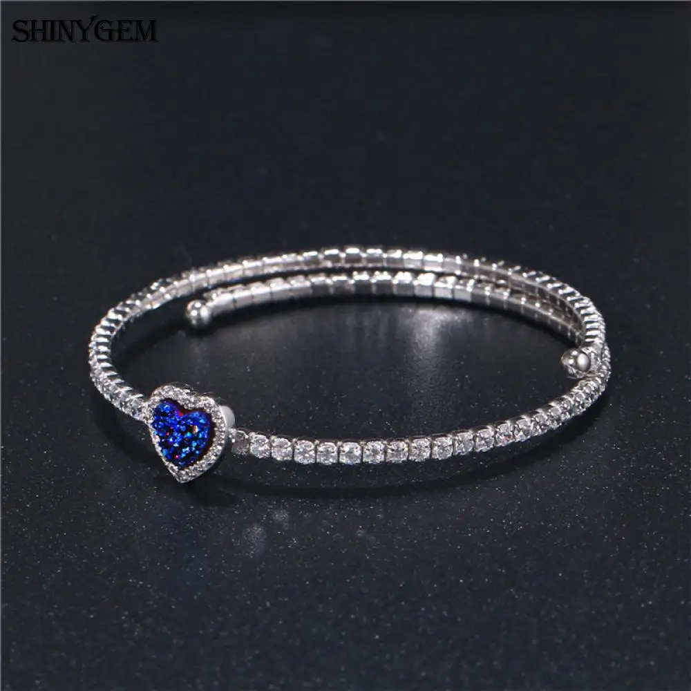 Kopen ShinyGem Kleine Liefde Hart Natuurlijke Druzy Steen Armband Luxe Verstelbare 925 Sterling Zilveren Open Manchet Armbanden Voor Vrouwen