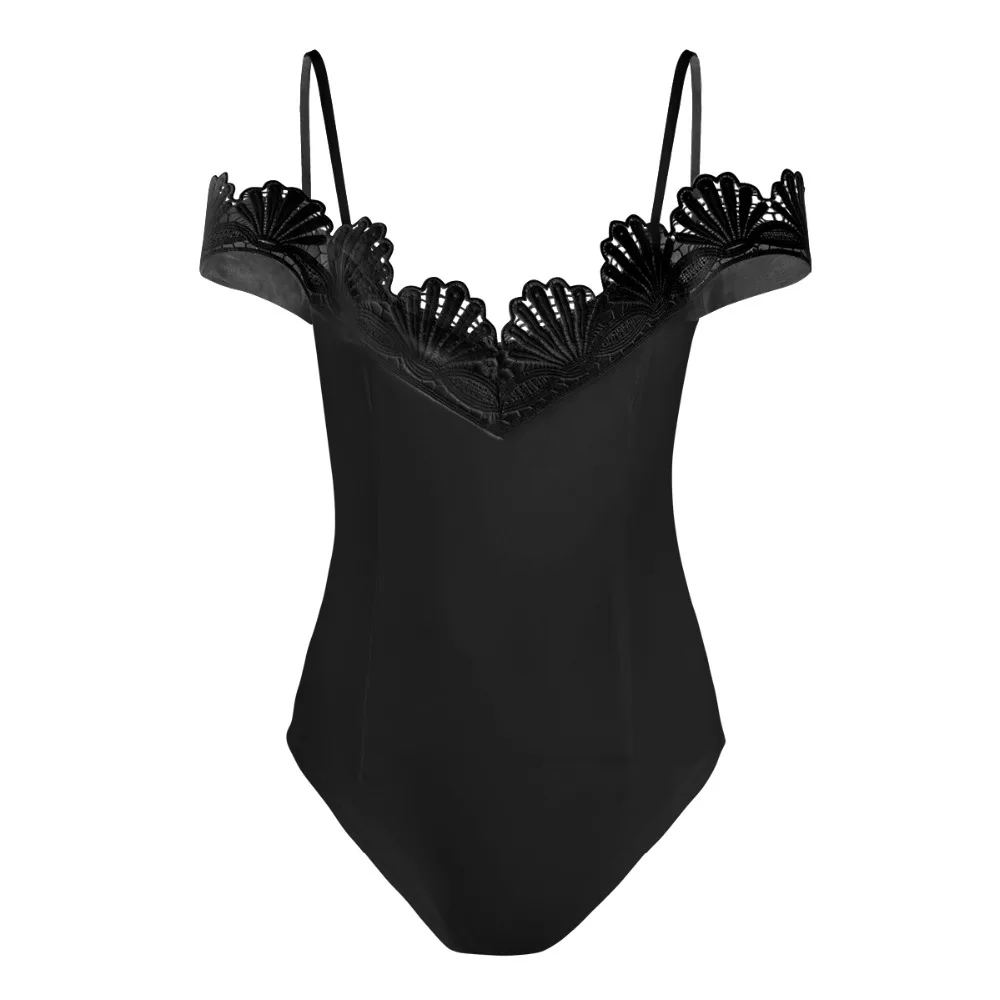 SEBOWEL Sexy Off Shoulder Spaghetti Strap Lace Bodysuit Women Skinny Body Ladies Black White Jumpsuit Romper overalls (20)