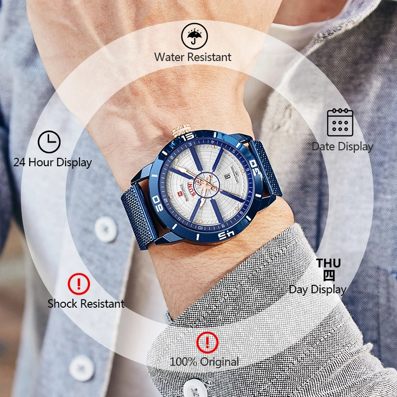 

Top Luxury Brand NAVIFORCE Fashion Mens Quartz Watch Men Casual Blue Steel mesh belt Waterproof Sport Watches Relogio Masculino