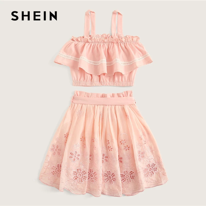 SHEIN Kiddie розовый топ на бретелях и юбка с поясом и вышивкой на талии милый комплект из двух предметов г. Летняя детская одежда с рюшами в стиле бохо