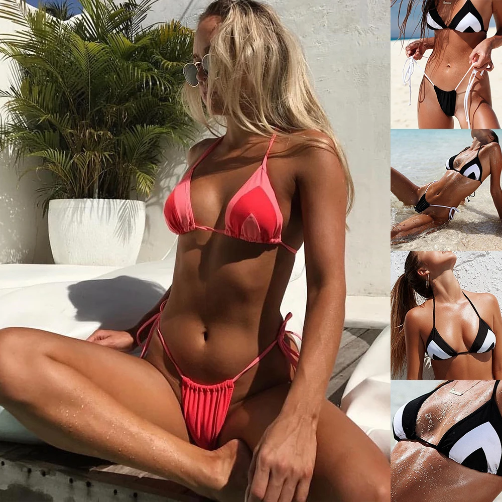 Summer sexy thong bikini set 2019 new stitching tether strap sexy ladies swimsuit Brazilian mini bikini push up beach swimsuit