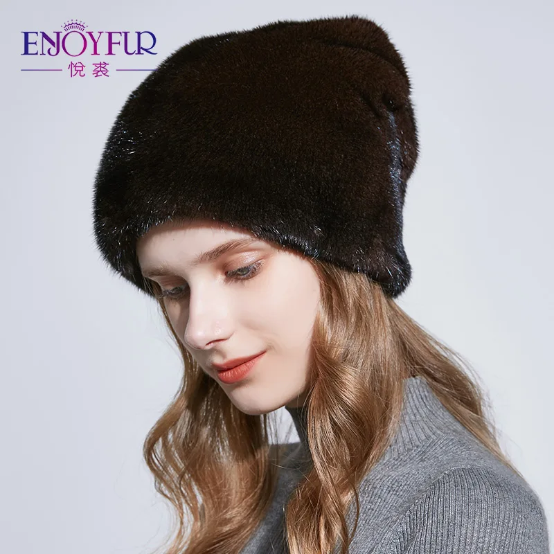 

ENJOYFUR Winter Whole Mink Fur Hats For Women Deep Warm Fur Caps With Rhinestone Genuine Fur Female Cap