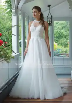 2019 Wedding Dress Tulle Gowns White Jewel Neckline A-Line Gown Keyhole Backless Floor Length Vestidos de novia Vintage