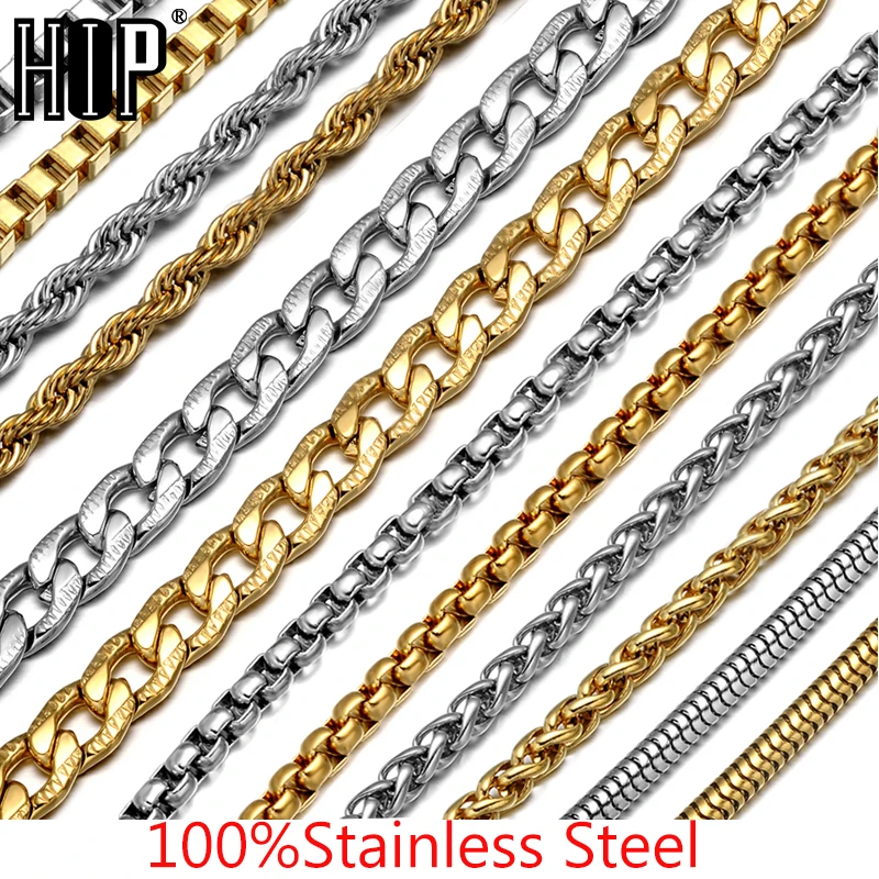 

HIP 24inches Gold Silver Color Stainless Steel Cuban Link Chain Necklace For Men Jewerly Snake/Box/Hanging/Curb/Flat/Twist Chain