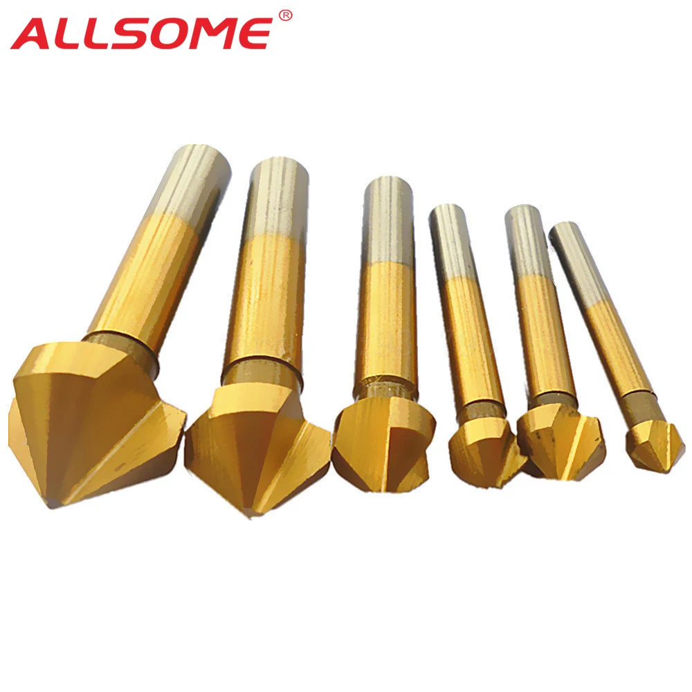 

ALLSOME 6Pcs Drill Bit Milling Cutting Tool Round Shank 3 Flute HSS Hard Metal Chamfer Chamfering End Mill Cutter Countersink