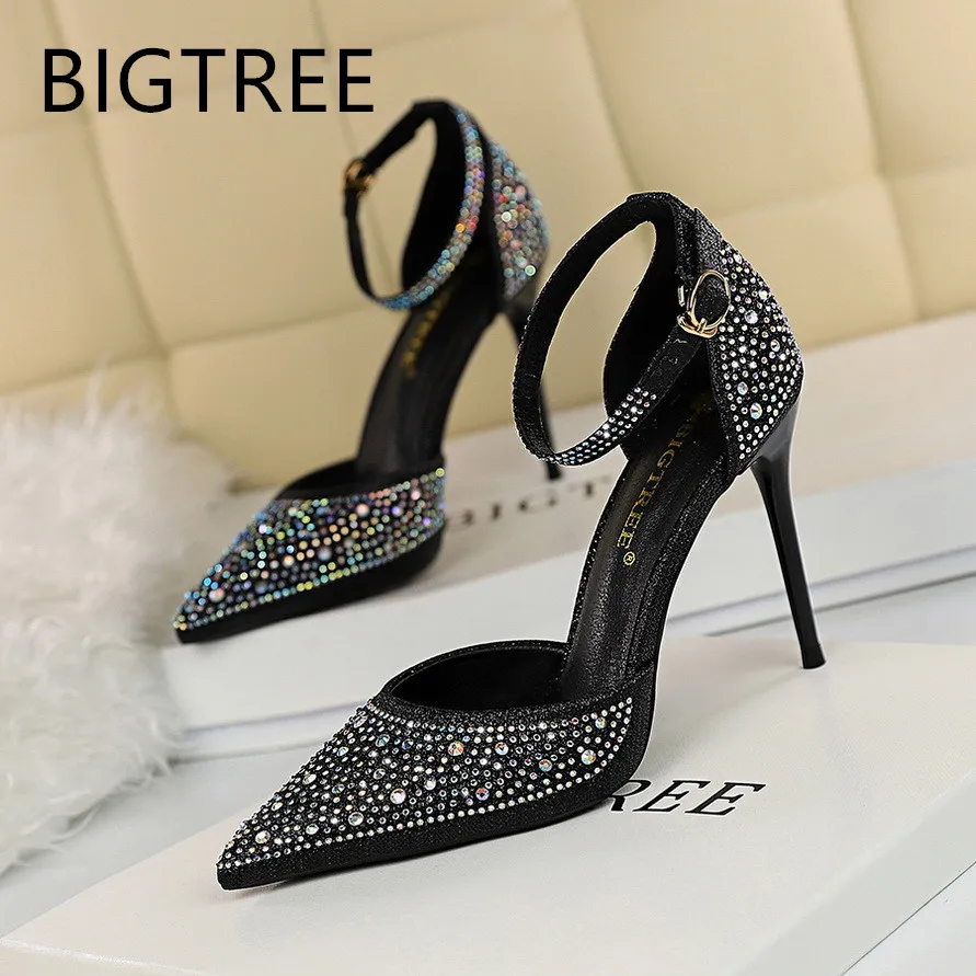 

BIGTREE Spring Shoes 2019 Women Pumps Fashion Rhinestone Sexy High heels Sandals Wedding Party Dress Slingback Stilettos Shoes