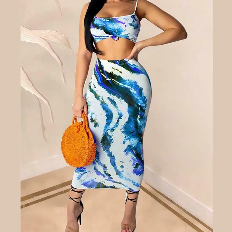 

Frauen Stylish Tie Dye Geknotete Crop Top Camouflage Wrap Hip Skirt Maxi Lange Kleid Abend Party Skinny Rock Women's Set Bodycon