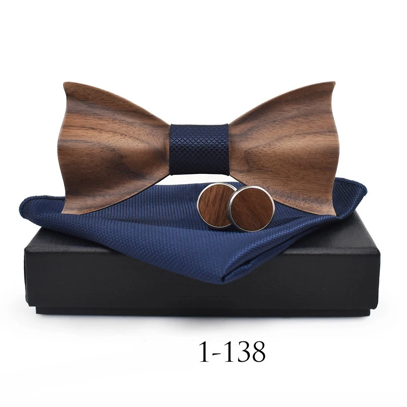 

Business Wood Bowtie Handkerchief Cufflinks Sets for Mens Shirt Wooden Bow Tie Pocket Sqaure Cravat For Wedding