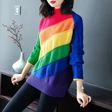 Rainbow striped half turtleneck elastic knit pullovers sweater 2018 new long sleeve women autumn winter thick loose sweater Rainbow striped half turtleneck elastic knit pullovers sweater 2018 new long sleeve women autumn winter thick loose sweater