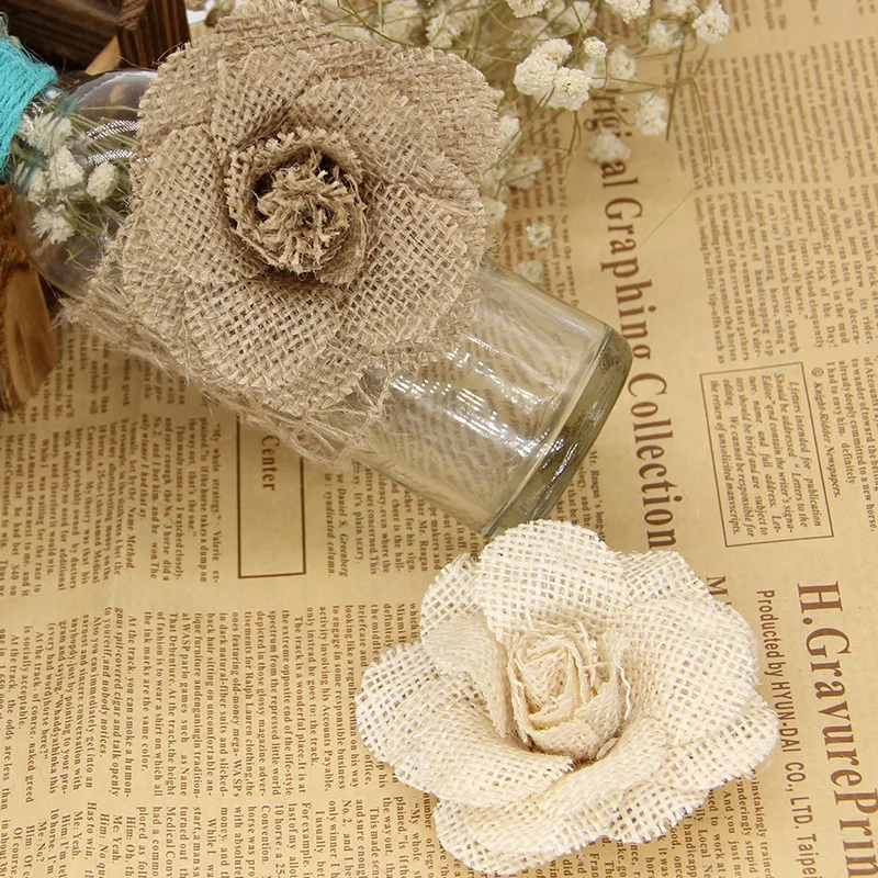 2/3/5pc 9cm Big Flower Natural Jute Hessian Burlap Handmade Linen Flower For Rustic Wedding Birthday Event Party Christmas Decor