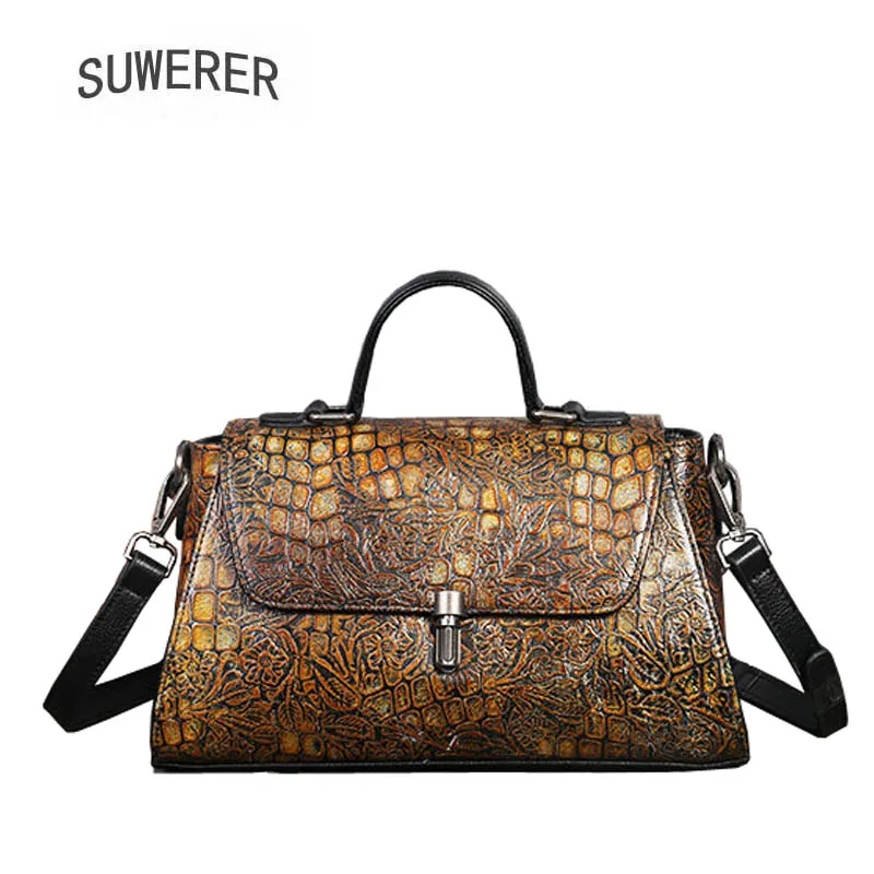 

SUWERER 2019 New Genuine Leather women bags Retro embossing Cowhide luxury leather shoulder bag designer women famous brands