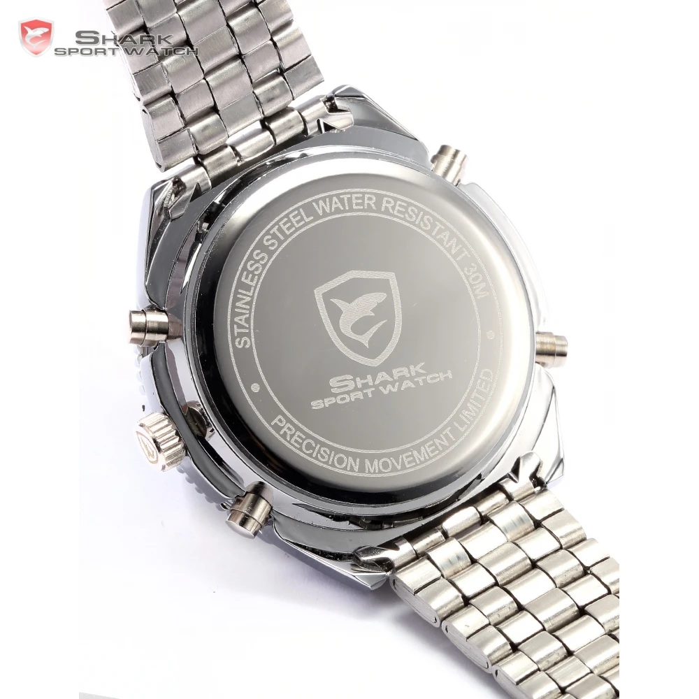 Акула бренд Часы СИД цифровой и аналоговый двойного время серебро нержавеющая