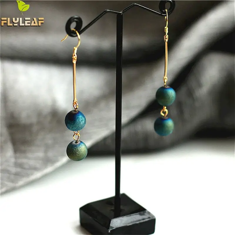 

Flyleaf 925 Sterling Silver Matte Natural Stone Long Earrings For Women High Quality Gold Dangle Drop Earings Fashion Jewelry