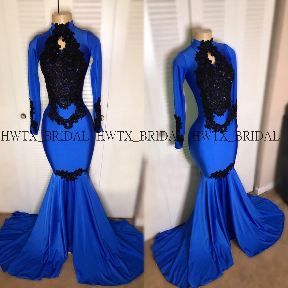 

Royal Blue Mermaid African Prom Dresses 2019 Long Sleeves High Neck Black Applique Long Formal Evening Gowns Vestidos de fiesta