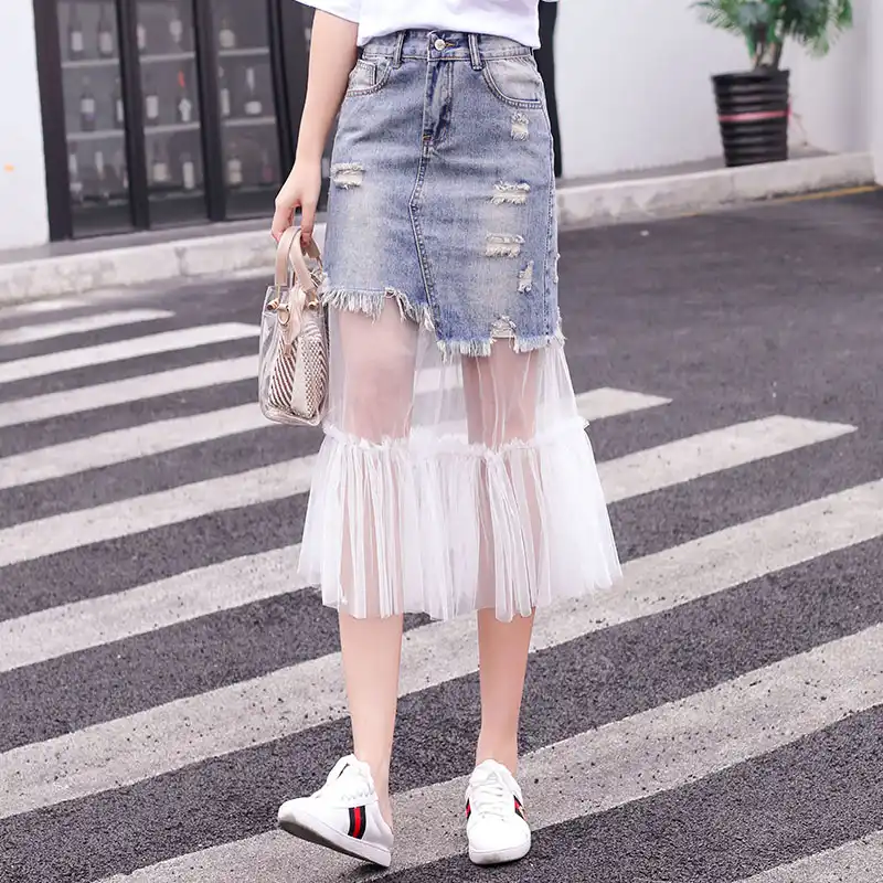 mesh denim skirt