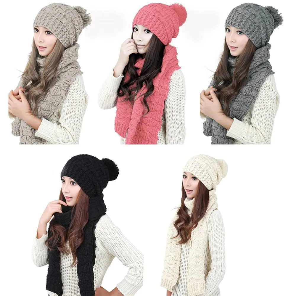 Новая модная теплая осенне-зимняя шерстяная одежда шарф для Для женщин теплая вязаная шапка шерстяной шарф + теплая шапка комплект Лидер