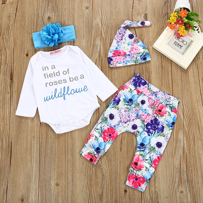 

4Pcs/Set 2018 New Style Newborn Toddler Baby Boys Girls Clothes Long Sleeve Romper+ Pants+Hat Infant Clothing Set Casual Outfit