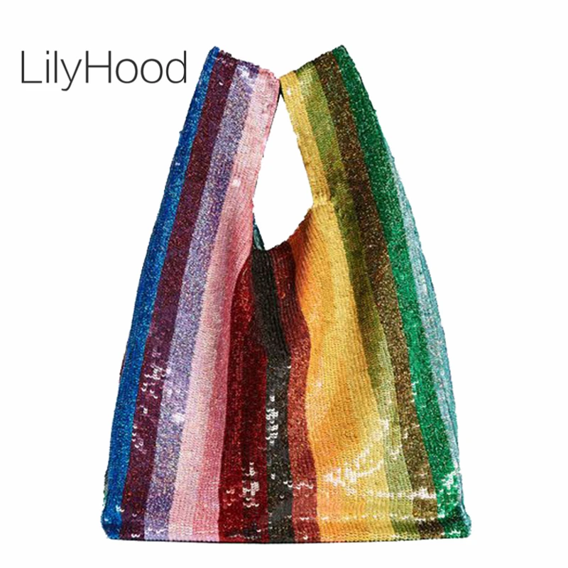 

XXL Rainbow Sequin Stripe Vest Tote Bag Women Big Size Shopping Carrier Handbag Female Summer Large Sparkle Shiny Paillette Bag