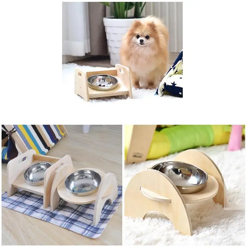 

Pet Feeder Bowl Wooden Stand Dog Puppy Cat Stainless Steel Dish Food Holder Store