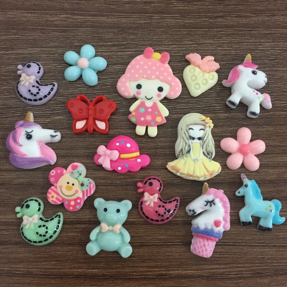 

100pcs Chunky 3D Resin Cartoon Flatbacks Cabochons Girl Unicorns Butterfly Bears Lollipop Mixed Crafts For Cardmaking