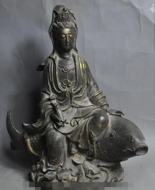 

S01349 tibet buddhism bronze seat fish ruyi GuanYin Kwan-Yin Bodhisattva goddess statue