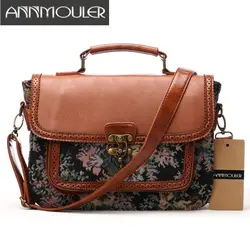 Annmouler дизайнер Для женщин Сумки ретро Pu кожа Сумка Лоскутная Цветочный принт Crossbody сумка Портфели сумка