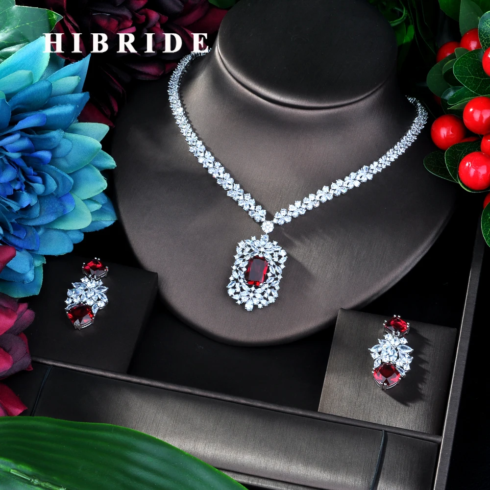 

HIBRIDE Fashion Red AAA CZ Jewelry Sets for Women Necklace Set Bijoux Femme Accessories Geometric Design Jewelry Gifts N-946