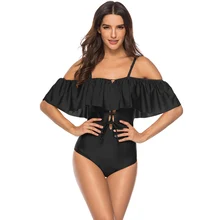 Женское гофрированное платье монокини ретро Черный боди винтажный купальный костюм девушка сексуальный цельный купальник Классический с открытыми плечами женский купальник