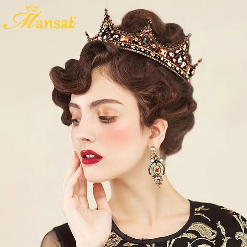 

Luxury Vintage Crystal Queen Princess Round Tiaras Crown Rhinestone Diadem For Bride Wedding Hair Accessories New Baroque Crowns