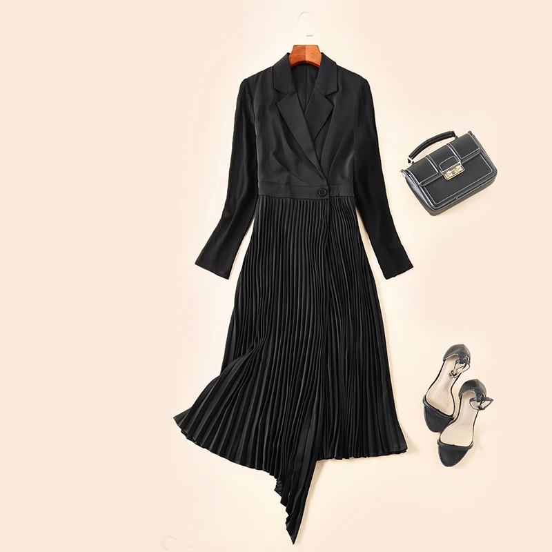 

New Autumn and winter women's wear European station show OL commuter long sleeve splicing irregular long dress
