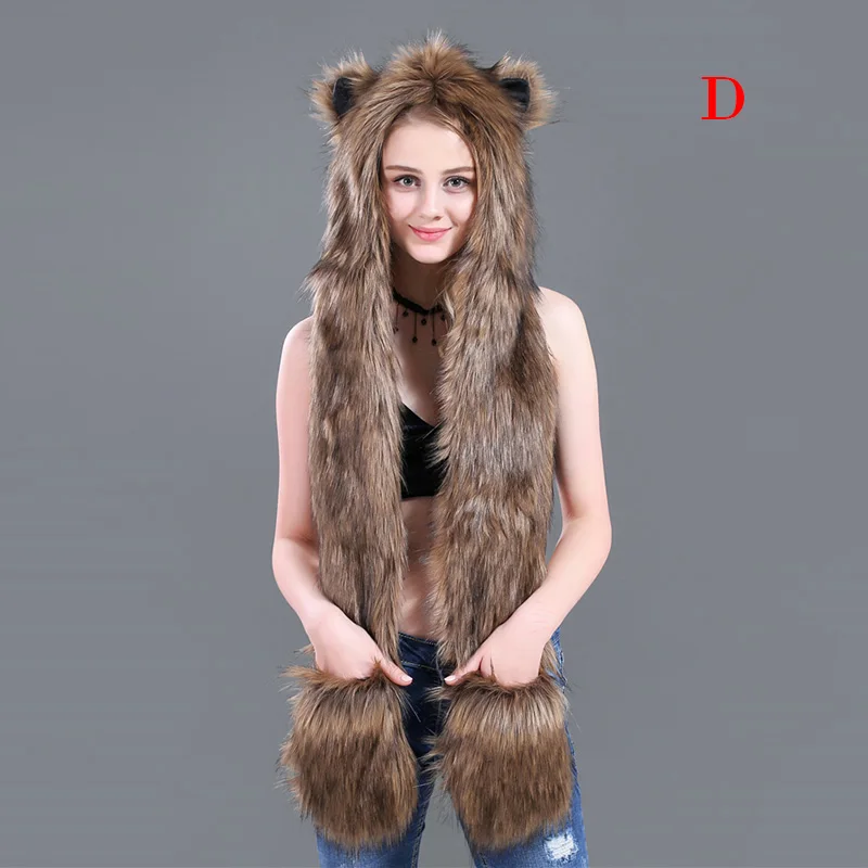 D Newly Faux Fur Animal Hat Scarf Gloves Winter Mittens 3 In 1 Function Hoodie with Paws Ears VK-ING - Цвет: D