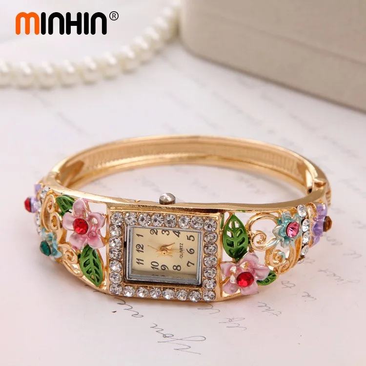 MINHIN дизайнерские женские часы Браслет-манжета со стразами наручные часы классические женские часы роскошные цветочные ювелирные изделия подарок
