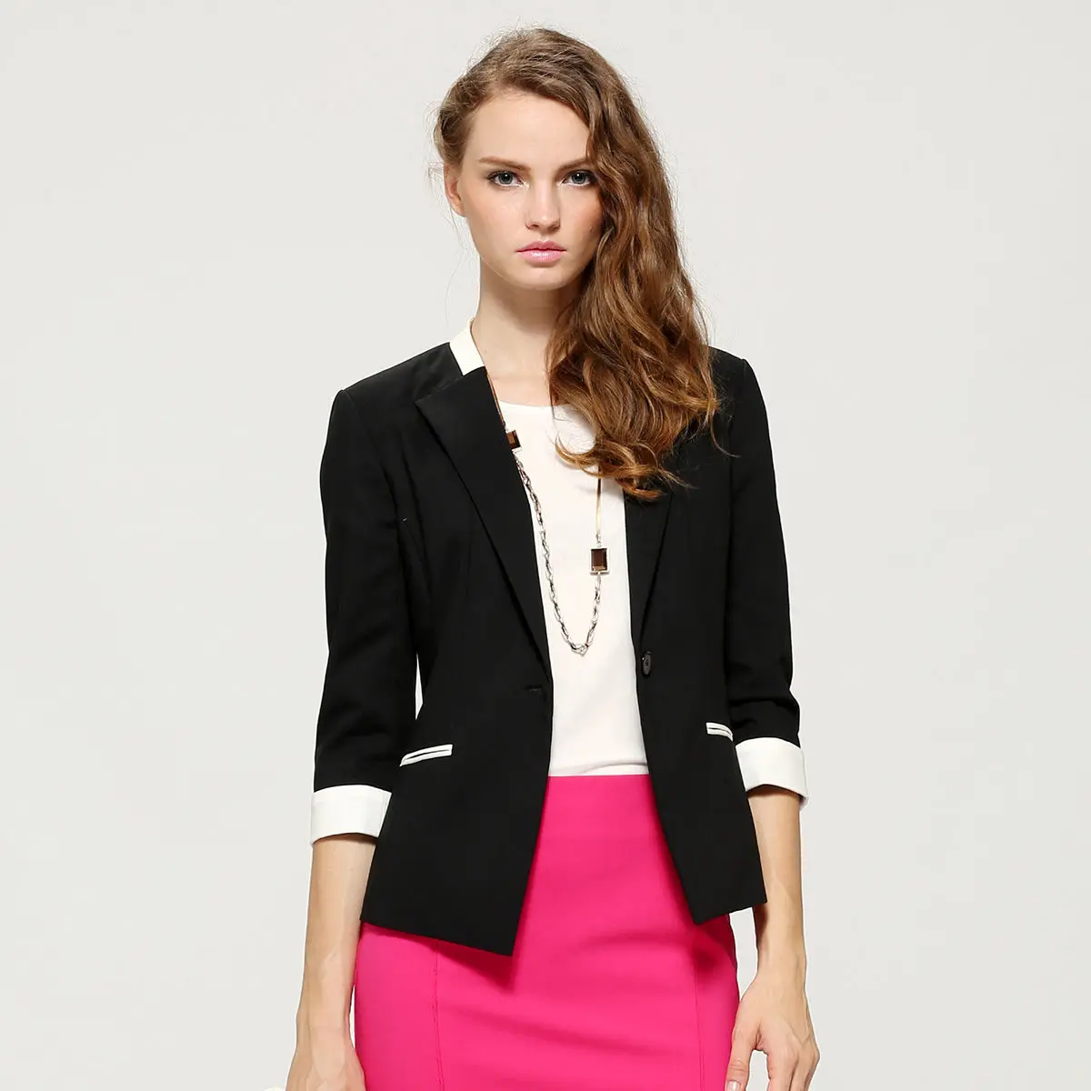 

fashion contrast color notched Blazers women Single button slim elegant femme blazer 2019 casual outwear three quarter clothing