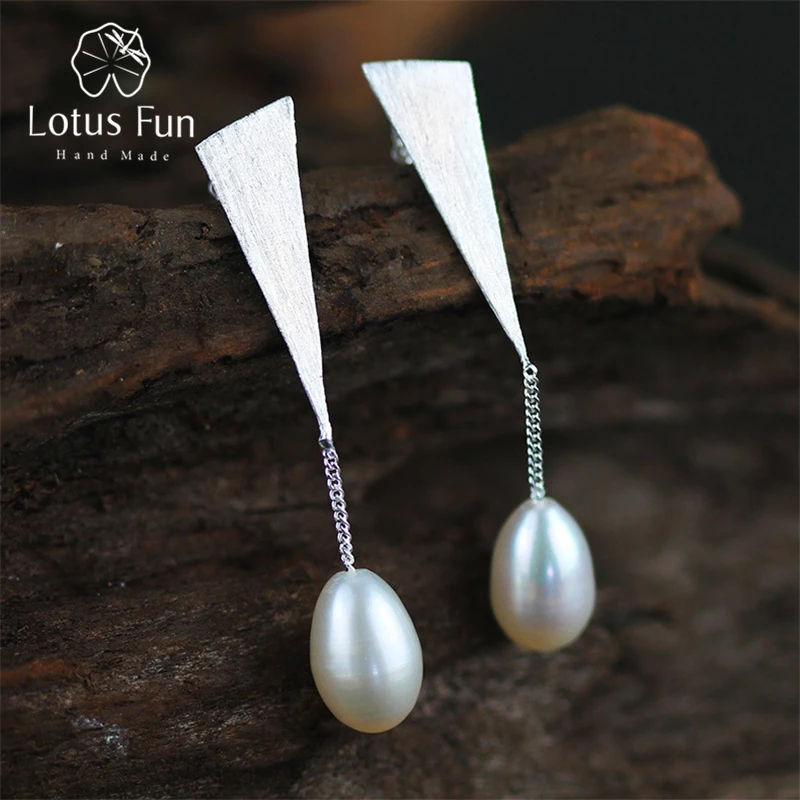 Lotus Fun Real 925 Sterling Silver Natural Pearl Original Handmade Fine Jewelry Triangle Water Drop Dangle Earrings for Women