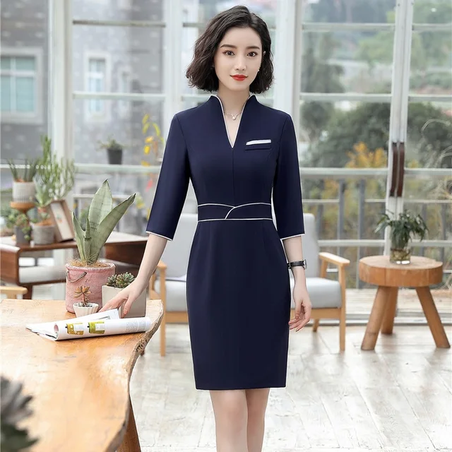 Summer Short Sleeve Elegant Navy Blue V neck Dresses For Women Business ...