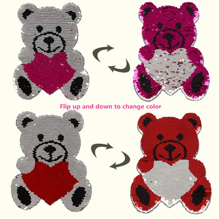 

Fashion flip color change sequin patch for clothes applique clothing accessories handmade DIY Hold the heart bear sequins patch