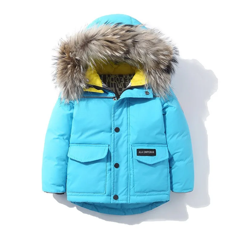 

2018 New Child school girl boy jacket fur hooded kids ski down coat thickening jacket for Russia winter 3 6 8Y baby boy girl