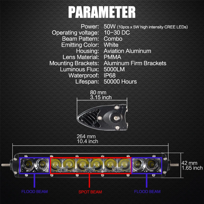 13 inch 3500LM 50W Cree LED Light Bar IP67 Flood Spot Combo For Marine Tractor Truck Boat ATV SUV 4x4 Working Drive Bar Light